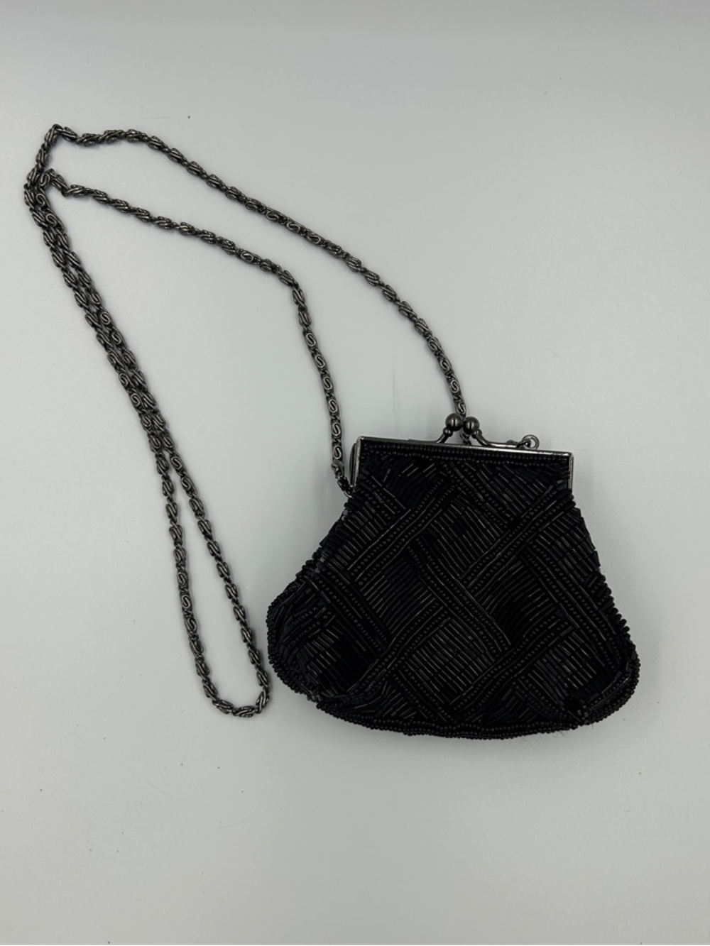 Vintage Caché Black Beaded Mini Evening Bag Kiss Lock Clutch Y2K - Picture 2 of 7